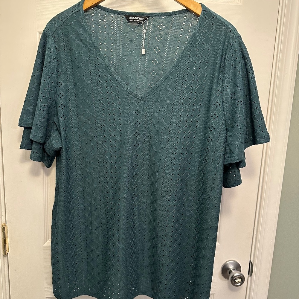 BloomChic Teal Eyelet V-Neck Flutter Sleeve Top